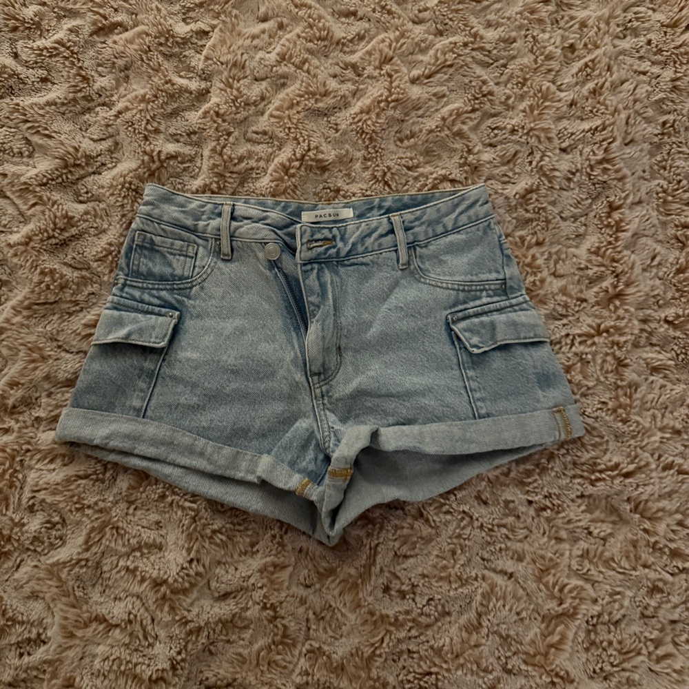 Pacsun High Waisted Cargo Denim Blue Women's Shorts
